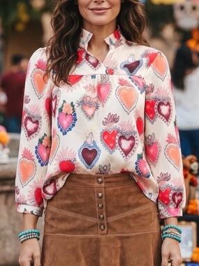 Cherry Berry Heart-Print V-Neck Long-Sleeve Blouse, Size XL, Color Cream/Multi
